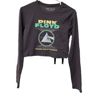 Pink Floyd Top Womens L Long Sleeve Cropped Band TShirt Blue Gray Dark Side Moon